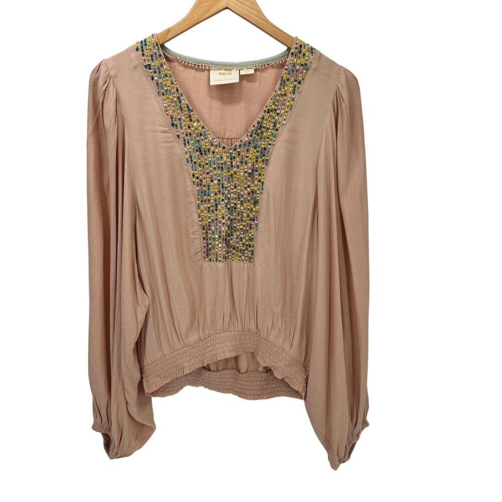Maeve Anthropologie Blouse Womens Small Kristie Sequined Peach Peasant V-Neck